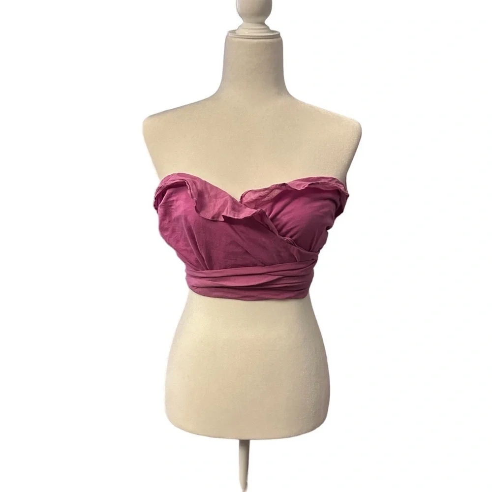 “ANTHROPOLOGIE” PINK RUFFLED TIE-FRONT TUBE TOP PLUS SIZE S - Picture 5 of 6
